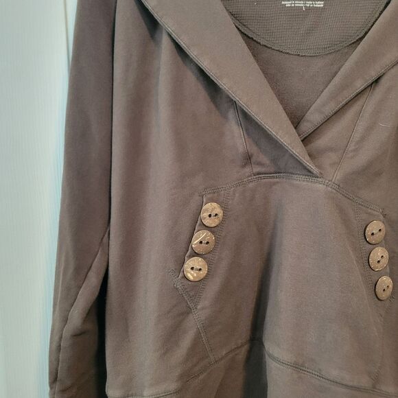 Neon Buddha Brown V-Neck Hoodie Size Large Wooden Buttons Lagenlook - Picture 3 of 5